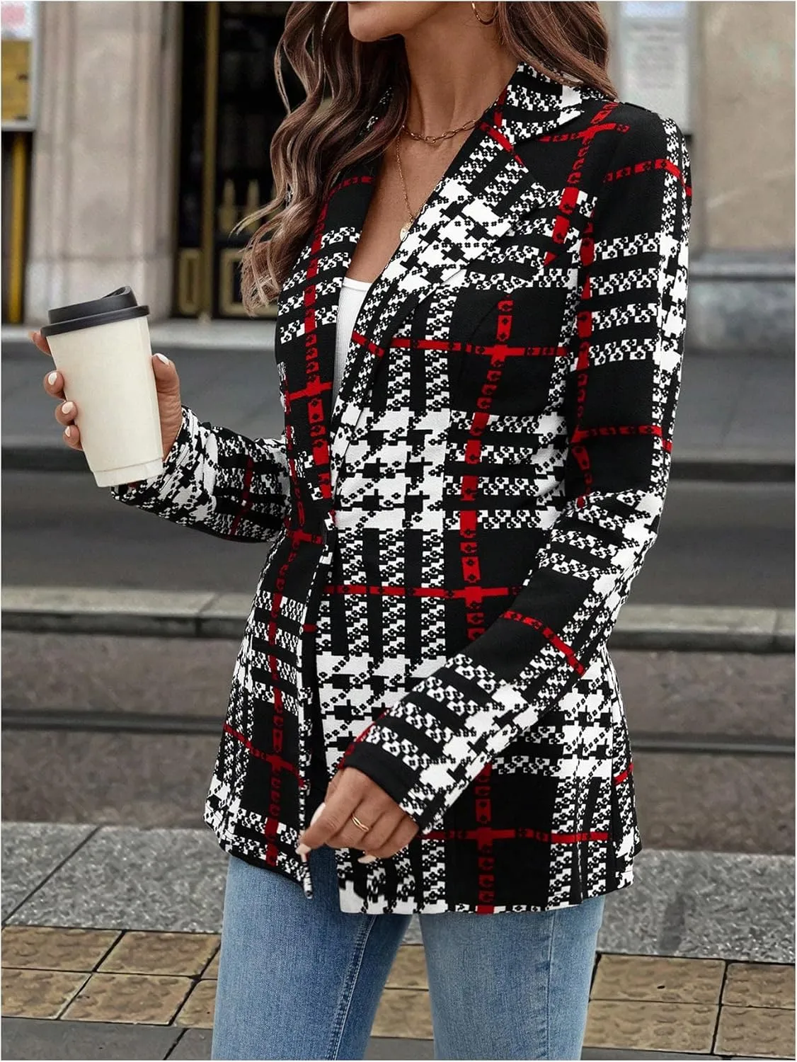 MakeMeChic Women's Houndstooth Blazer Jacket Button Down Long Sleeve Work Casual Blazer