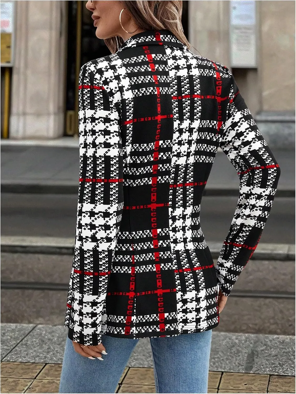 MakeMeChic Women's Houndstooth Blazer Jacket Button Down Long Sleeve Work Casual Blazer