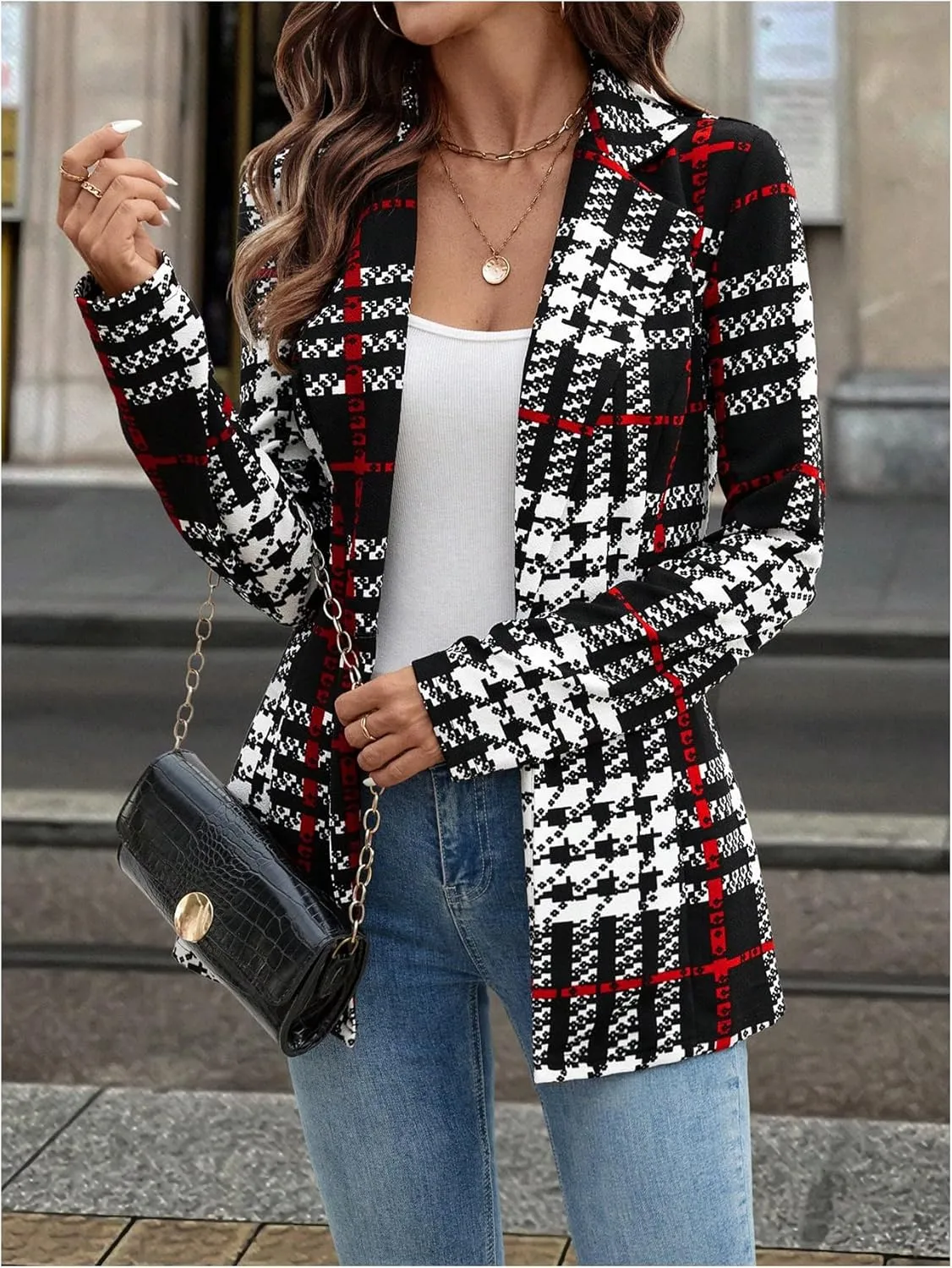 MakeMeChic Women's Houndstooth Blazer Jacket Button Down Long Sleeve Work Casual Blazer