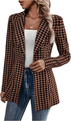 MakeMeChic Women's Houndstooth Blazer Jacket Button Down Long Sleeve Work Casual Blazer