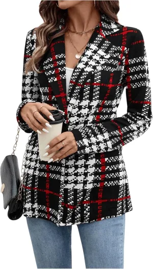 MakeMeChic Women's Houndstooth Blazer Jacket Button Down Long Sleeve Work Casual Blazer