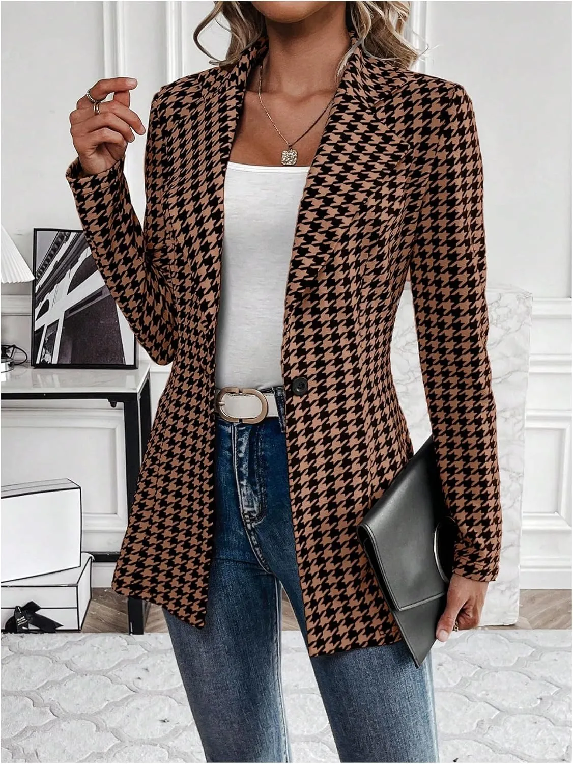 MakeMeChic Women's Houndstooth Blazer Jacket Button Down Long Sleeve Work Casual Blazer