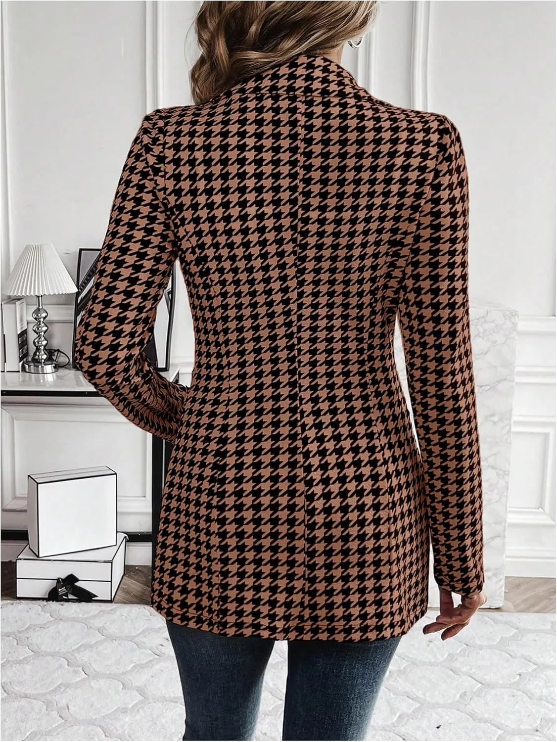 MakeMeChic Women's Houndstooth Blazer Jacket Button Down Long Sleeve Work Casual Blazer