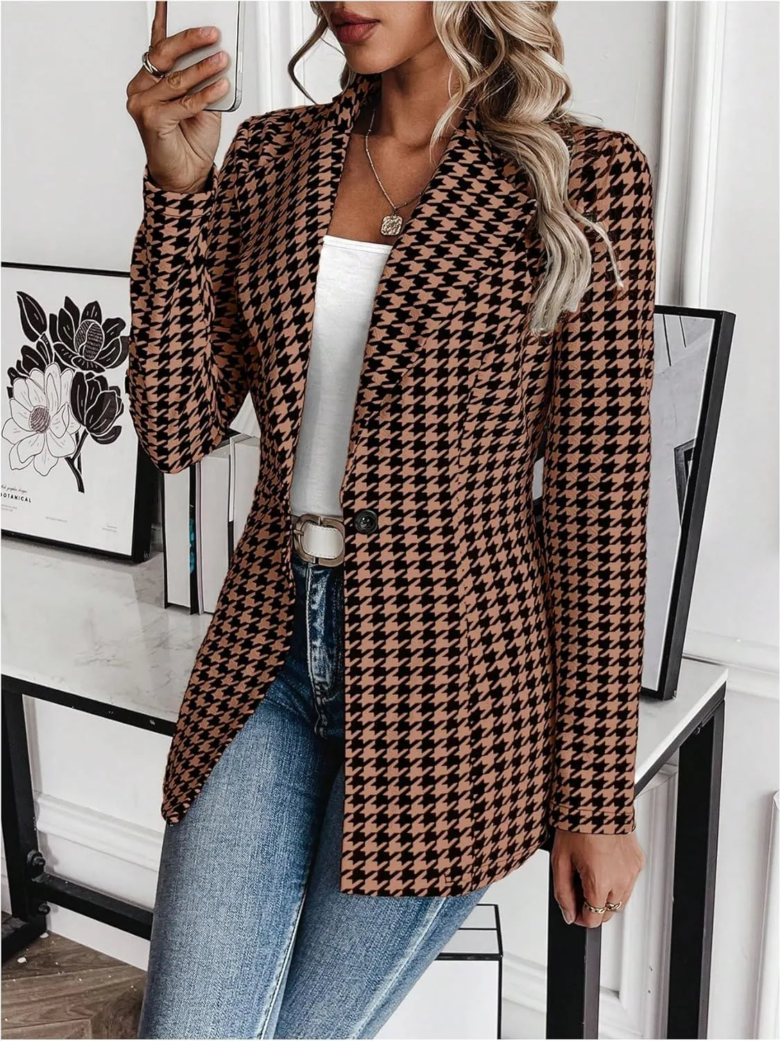 MakeMeChic Women's Houndstooth Blazer Jacket Button Down Long Sleeve Work Casual Blazer