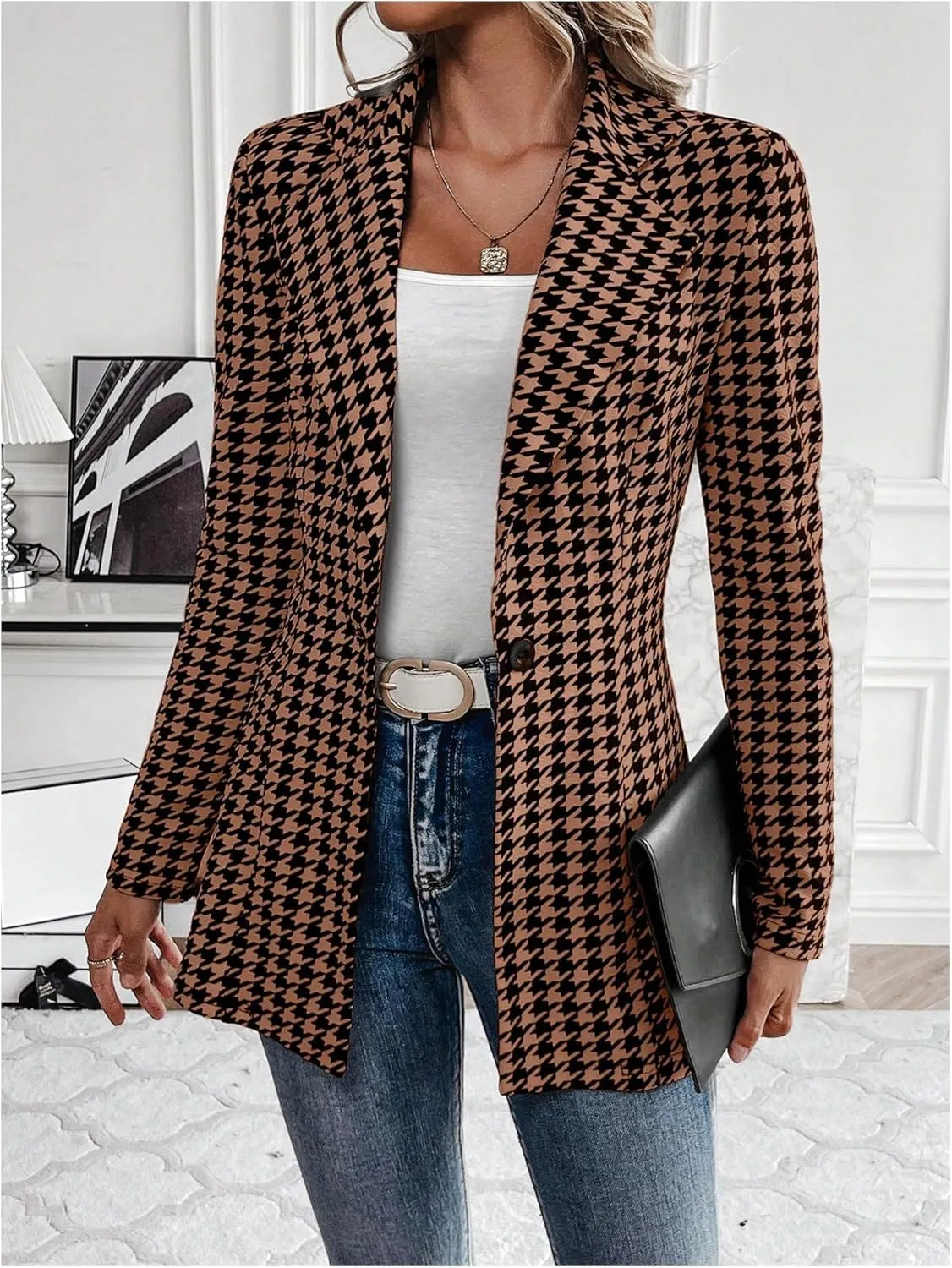 MakeMeChic Women's Houndstooth Blazer Jacket Button Down Long Sleeve Work Casual Blazer