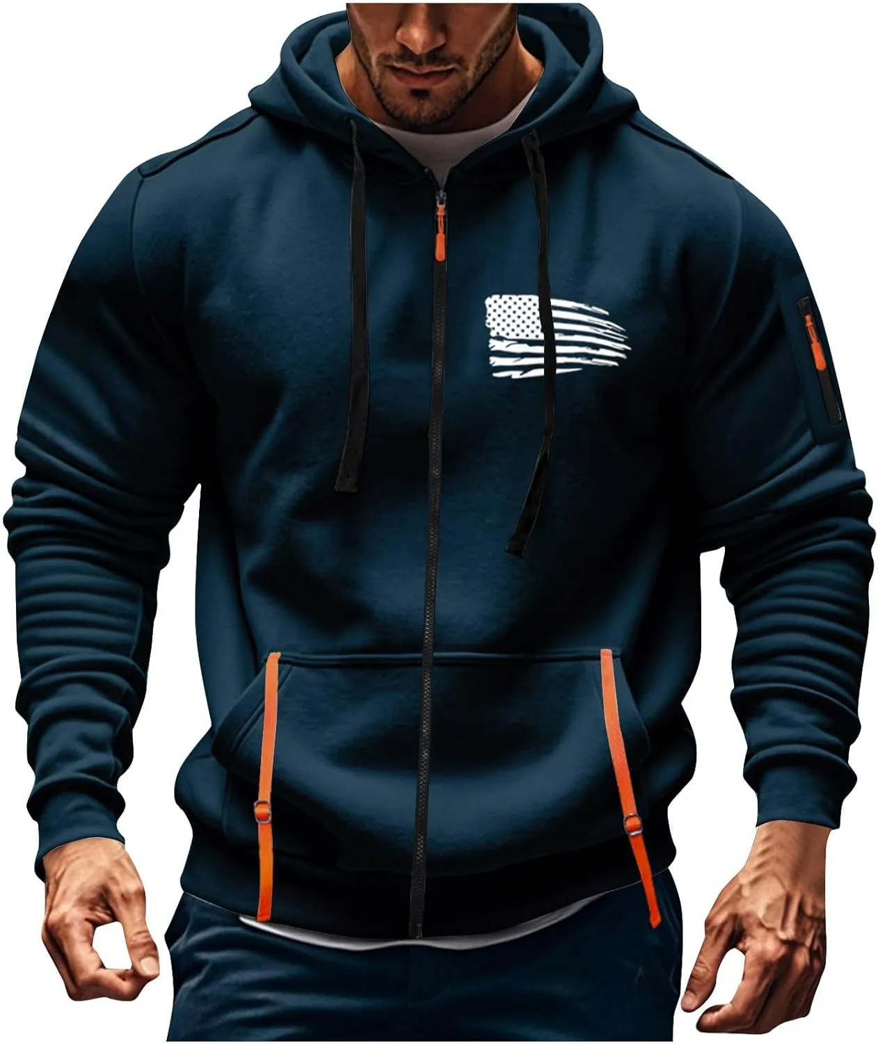 Men Hoodies Full Zip Hooded Sweatshirt American Flag Long Sleeve Coats Trendy Casual Jackets with Pocket