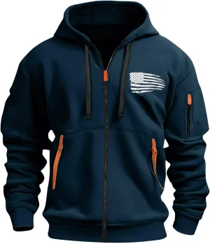 Men Hoodies Full Zip Hooded Sweatshirt American Flag Long Sleeve Coats Trendy Casual Jackets with Pocket