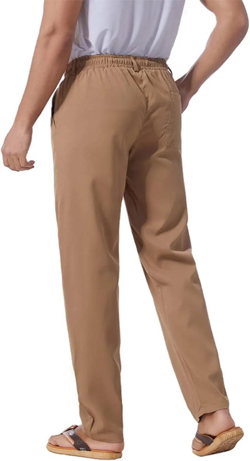 Men's Casual Linen Pants Cotton Drawstring Chino Hiking Pants Summer Yoga Beach Pants Lightweight Trousers for Men