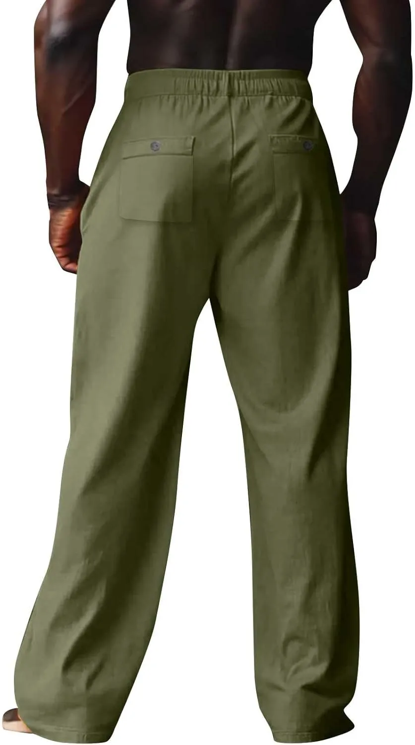 Mens Linen Pants Casual Drawstring Elastic Waist Yoga Pant Summer Lightweight Baggy Straight Leg Beach Loose Trousers