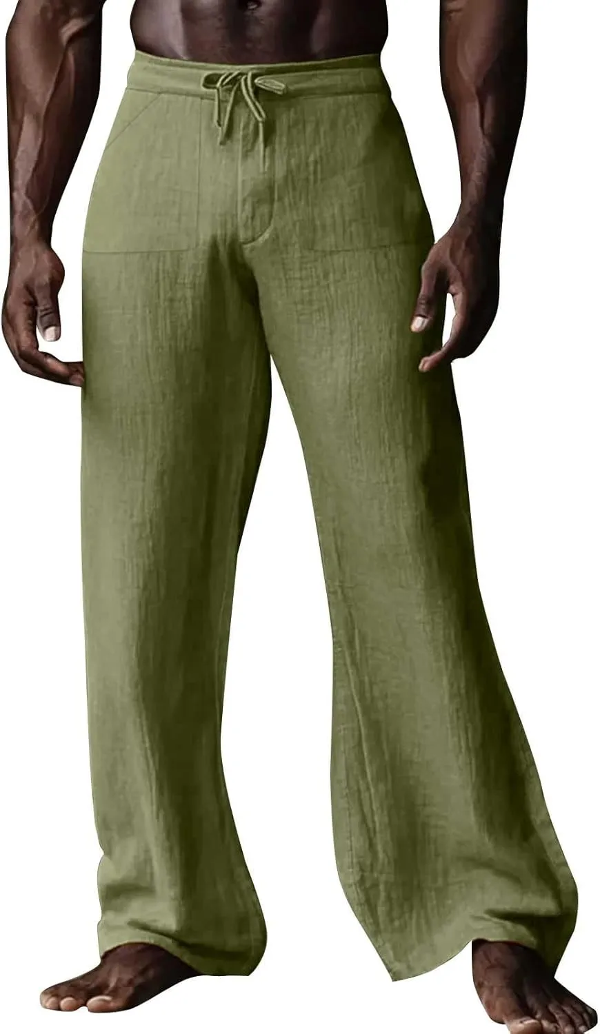 Mens Linen Pants Casual Drawstring Elastic Waist Yoga Pant Summer Lightweight Baggy Straight Leg Beach Loose Trousers