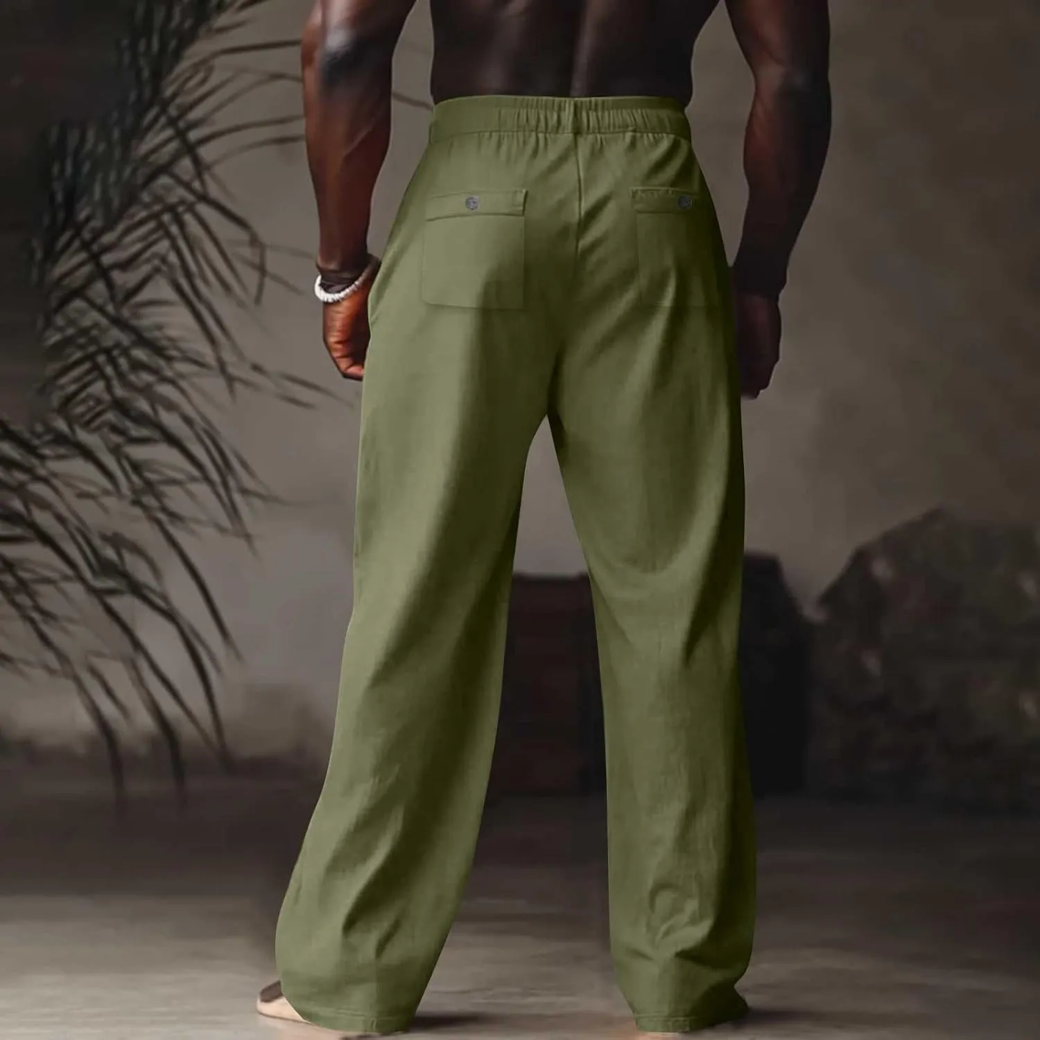 Mens Linen Pants Casual Drawstring Elastic Waist Yoga Pant Summer Lightweight Baggy Straight Leg Beach Loose Trousers