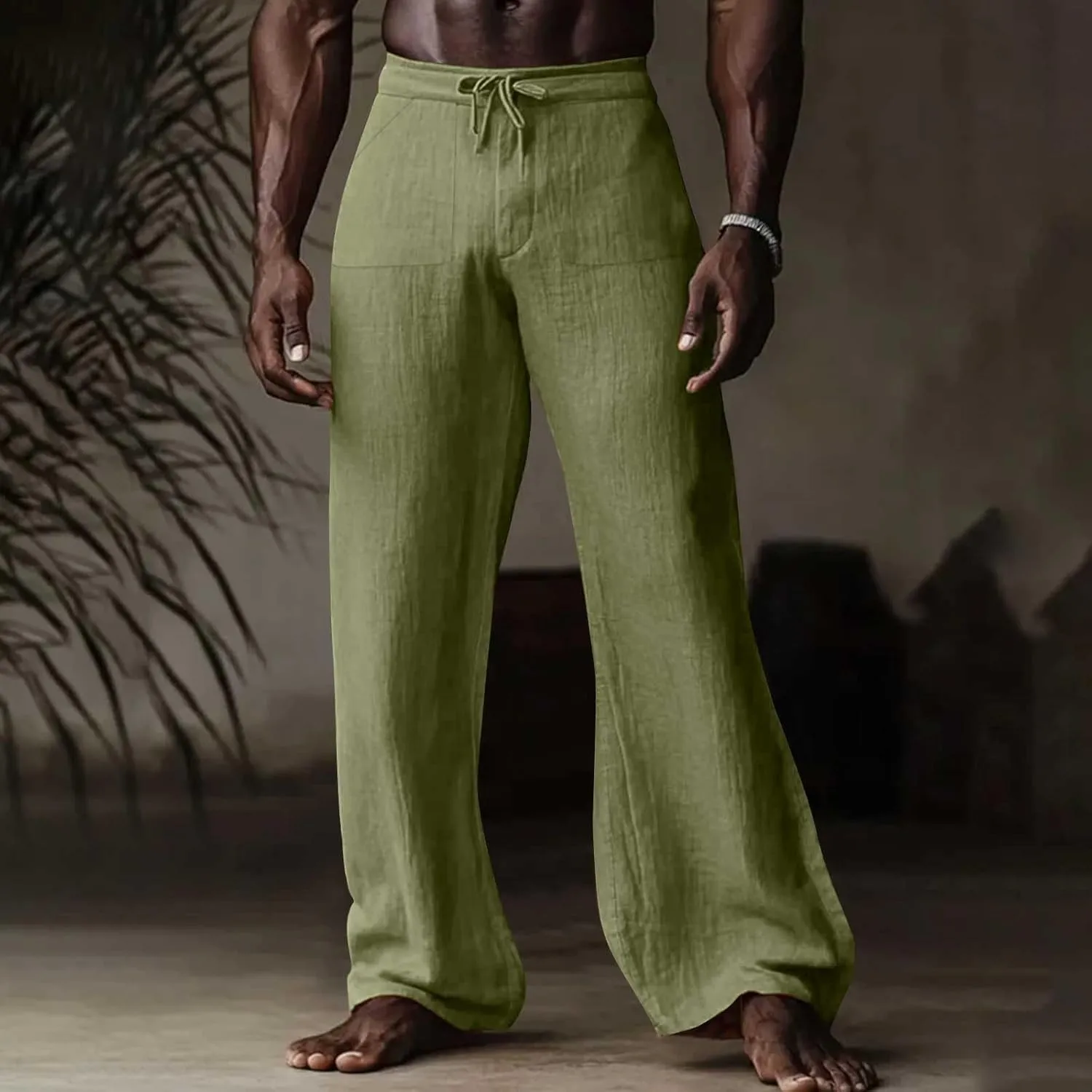 Mens Linen Pants Casual Drawstring Elastic Waist Yoga Pant Summer Lightweight Baggy Straight Leg Beach Loose Trousers