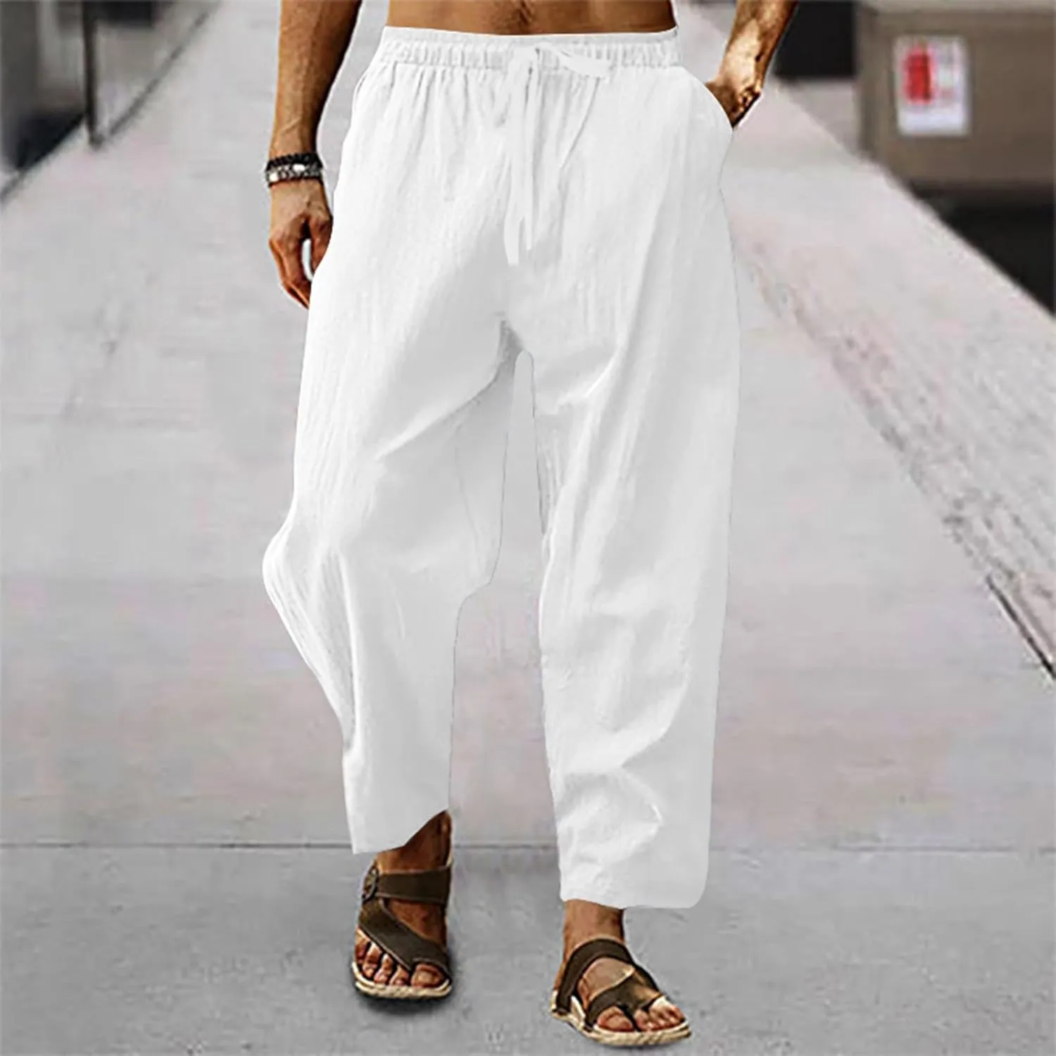 Mens Pants Casual Stretch Golf Pants Drawstring Lightweight Trousers Elastic Waist Lounge Pants with Pockets