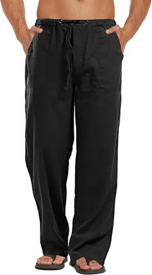 Men's Pants Summer Beach Trousers Cotton Linen Trouser Casual Lightweight Drawstring Yoga Pant