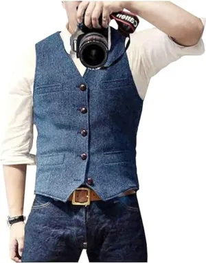 Men's Suit Vests Wool Tweed Vest V Neck Slim Fit Waistcoat Formal Business Retro for Wedding