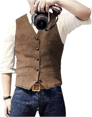 Men's Suit Vests Wool Tweed Vest V Neck Slim Fit Waistcoat Formal Business Retro for Wedding