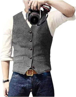 Men's Suit Vests Wool Tweed Vest V Neck Slim Fit Waistcoat Formal Business Retro for Wedding