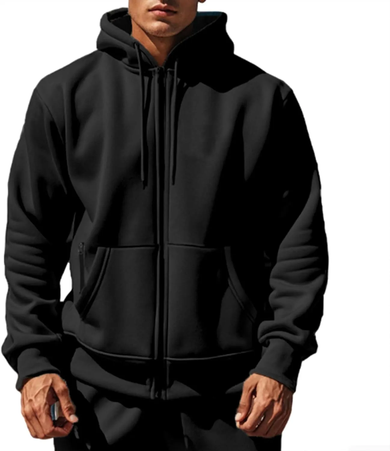 Mens Zip Up Hooded Sweatshirt Long Sleeve Casual Full-Zip Sweatshirt with Kanga Pockets