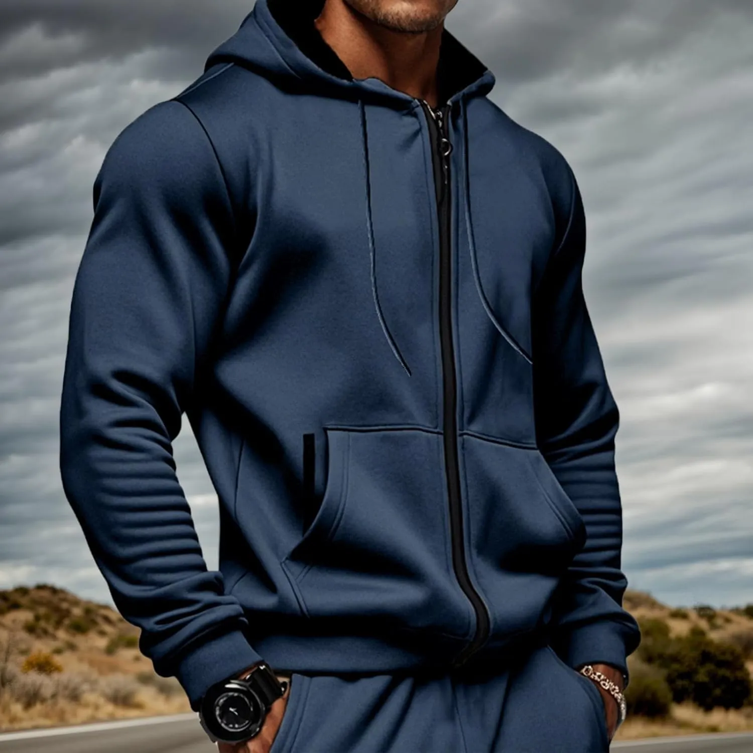 Mens Zip Up Hooded Sweatshirt Long Sleeve Casual Full-Zip Sweatshirt with Kanga Pockets