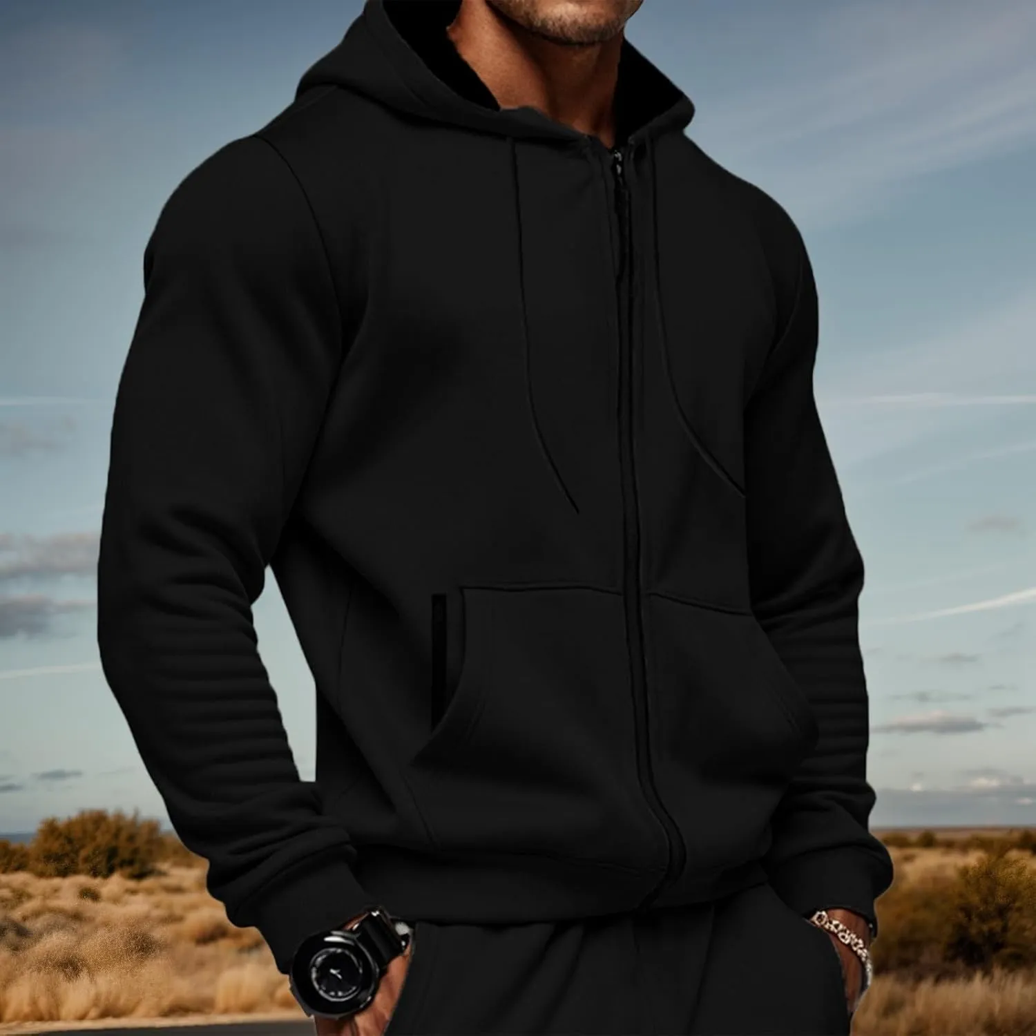 Mens Zip Up Hooded Sweatshirt Long Sleeve Casual Full-Zip Sweatshirt with Kanga Pockets