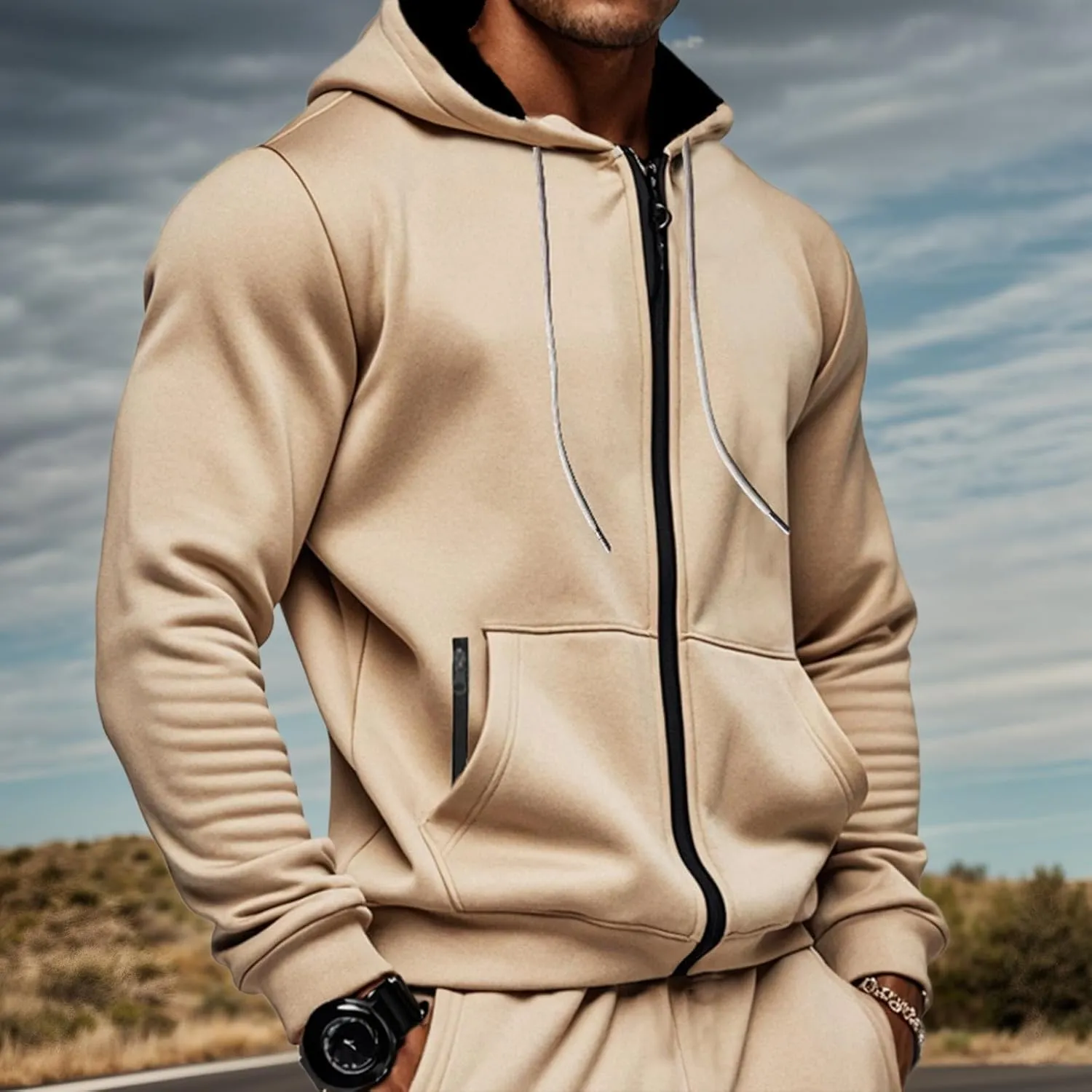 Mens Zip Up Hooded Sweatshirt Long Sleeve Casual Full-Zip Sweatshirt with Kanga Pockets
