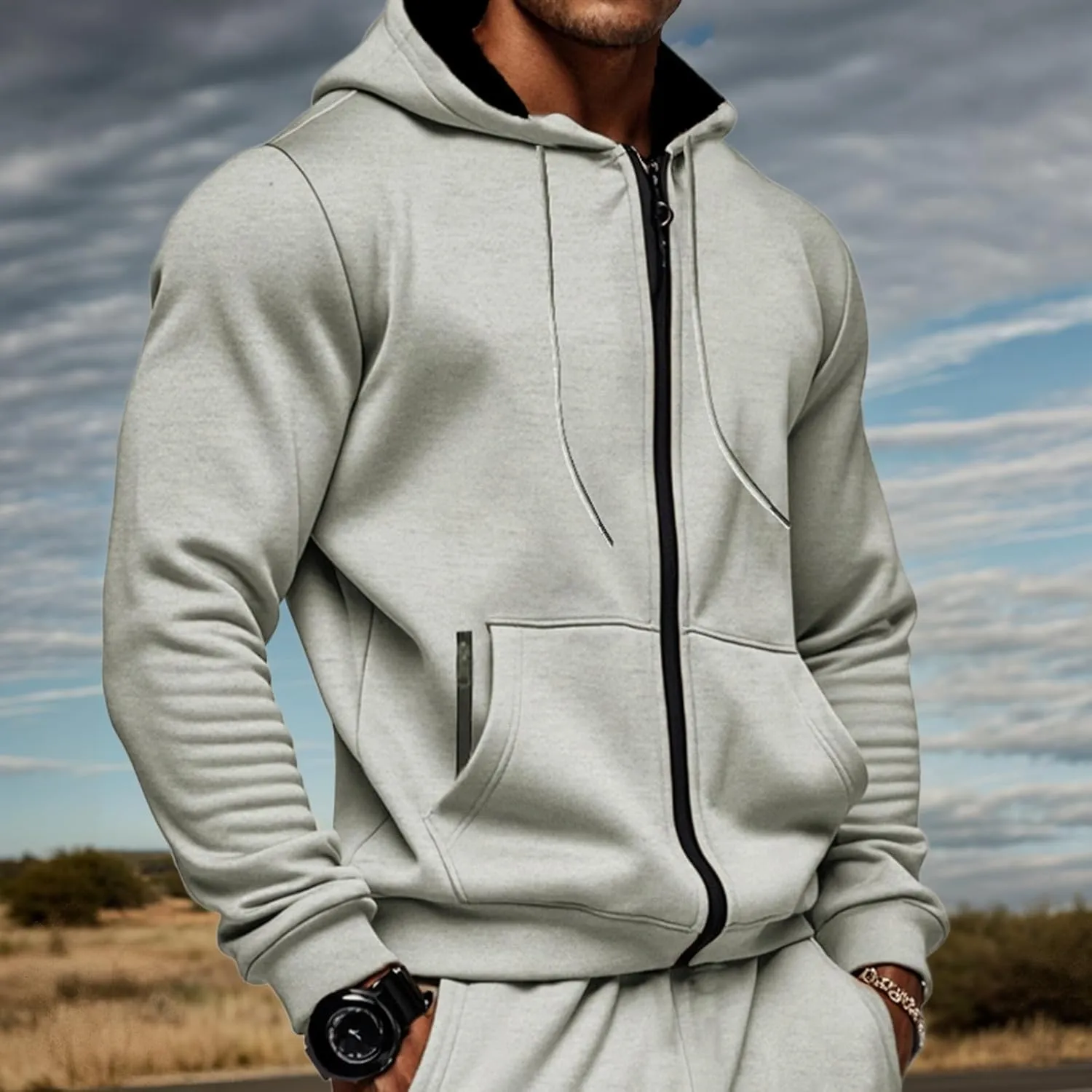Mens Zip Up Hooded Sweatshirt Long Sleeve Casual Full-Zip Sweatshirt with Kanga Pockets