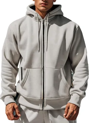 Mens Zip Up Hooded Sweatshirt Long Sleeve Casual Full-Zip Sweatshirt with Kanga Pockets