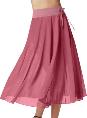 Mesh Tulle Skirts for Women Flowy Lace Up Elastic High Waisted Maxi Skirts Solid Color Pleated Swing Long Skirts