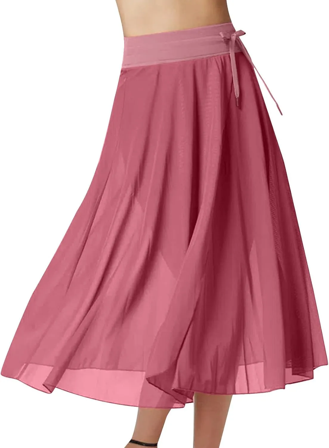Mesh Tulle Skirts for Women Flowy Lace Up Elastic High Waisted Maxi Skirts Solid Color Pleated Swing Long Skirts