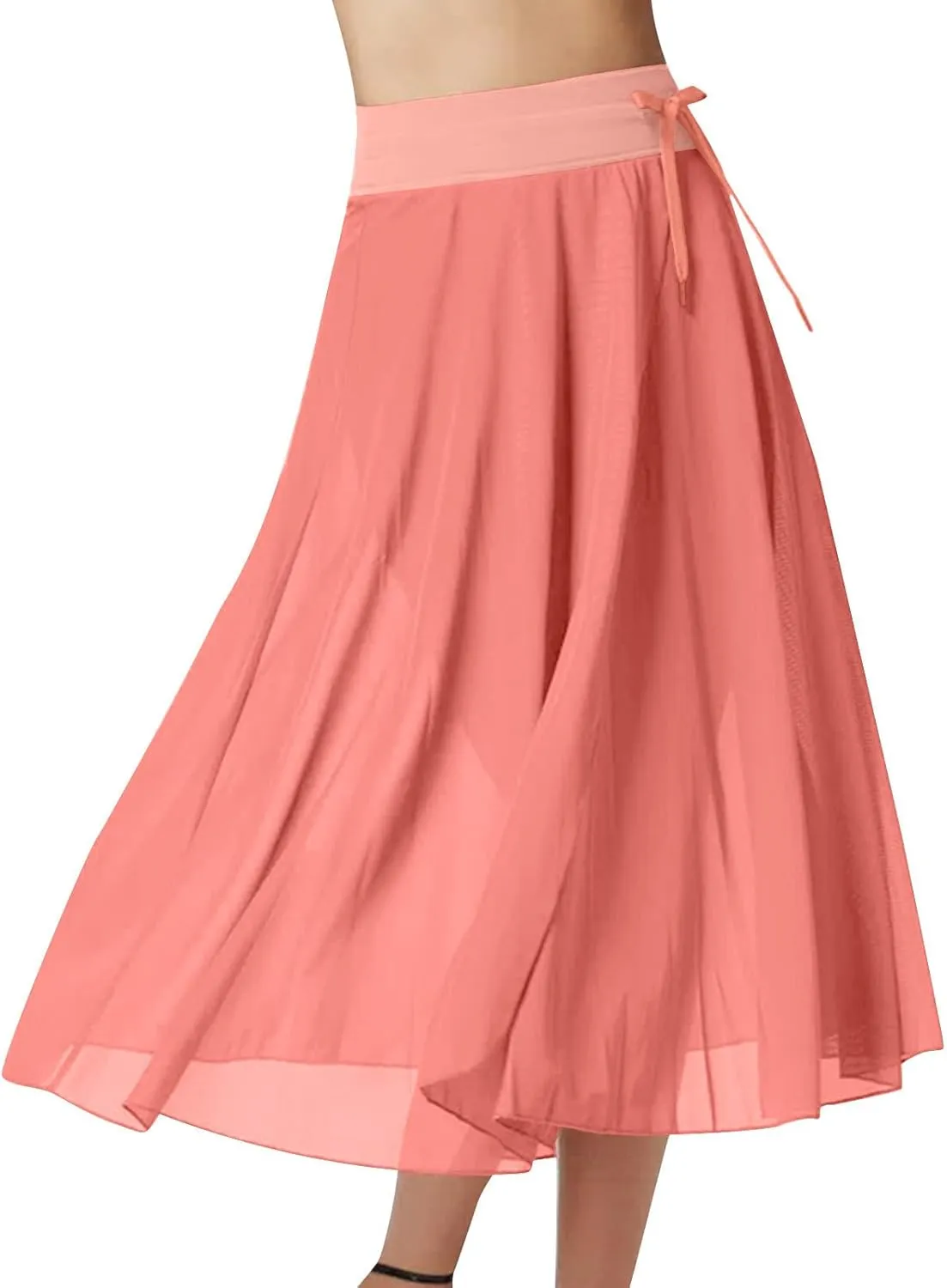 Mesh Tulle Skirts for Women Flowy Lace Up Elastic High Waisted Maxi Skirts Solid Color Pleated Swing Long Skirts