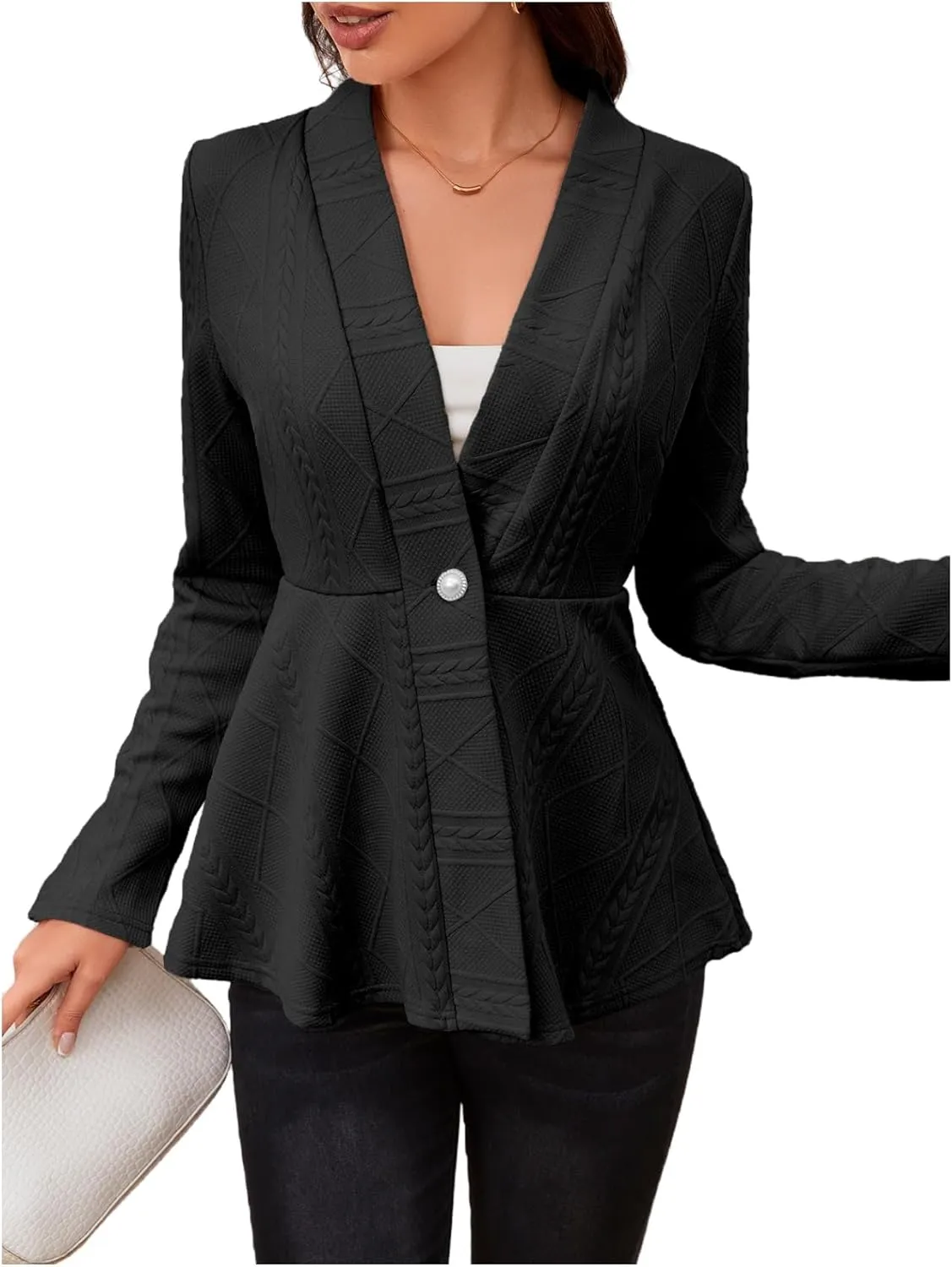Milumia Women's Fitted Textured Blazers Ruffle Long Sleeve Single Button Suit Jacket Dessy Black