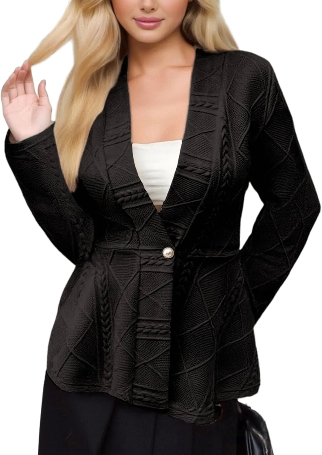 Milumia Women's Fitted Textured Blazers Ruffle Long Sleeve Single Button Suit Jacket Dessy Black