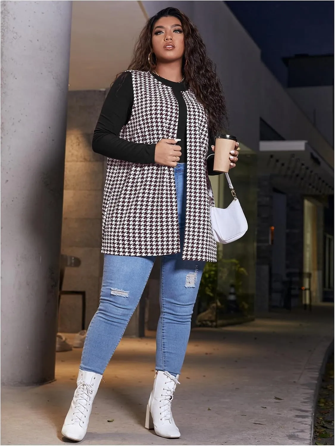 Milumia Women's Plus Size Houndstooth Vest Blazers Open Front Cardigan