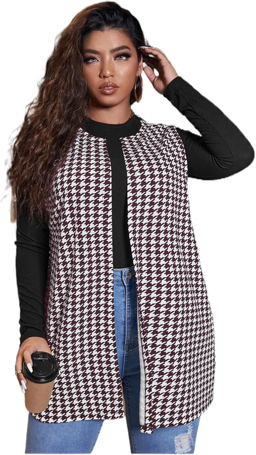 Milumia Women's Plus Size Houndstooth Vest Blazers Open Front Cardigan