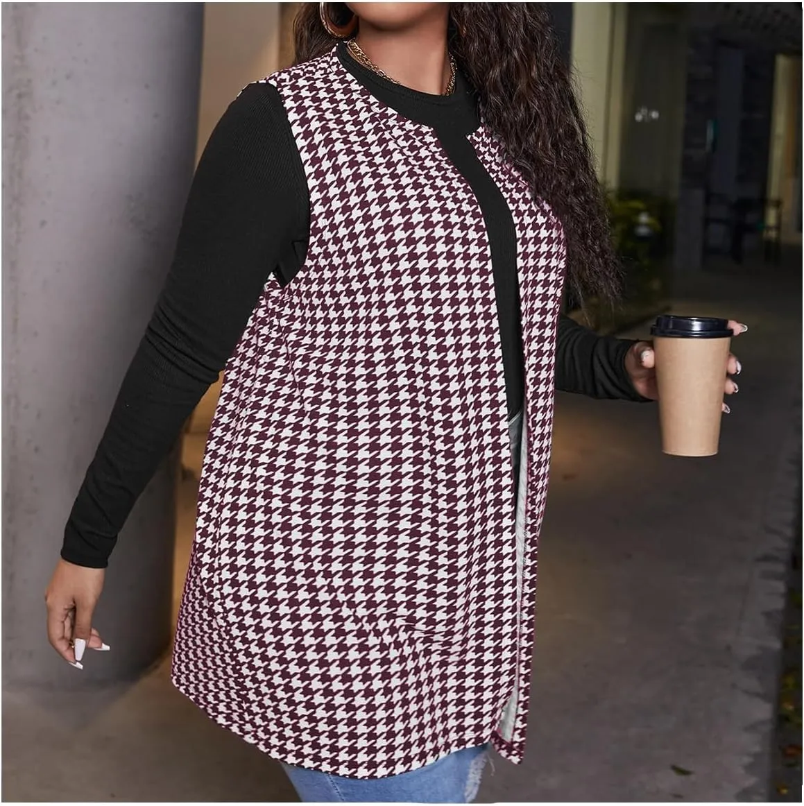 Milumia Women's Plus Size Houndstooth Vest Blazers Open Front Cardigan
