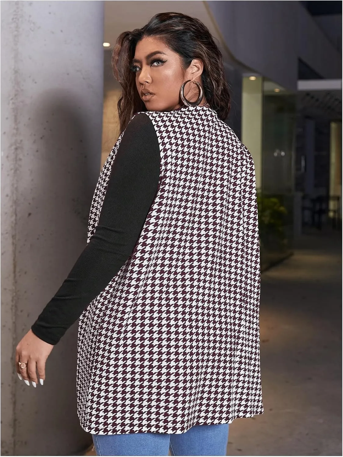 Milumia Women's Plus Size Houndstooth Vest Blazers Open Front Cardigan