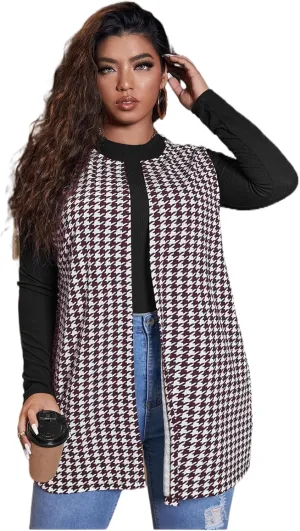 Milumia Women's Plus Size Houndstooth Vest Blazers Open Front Cardigan
