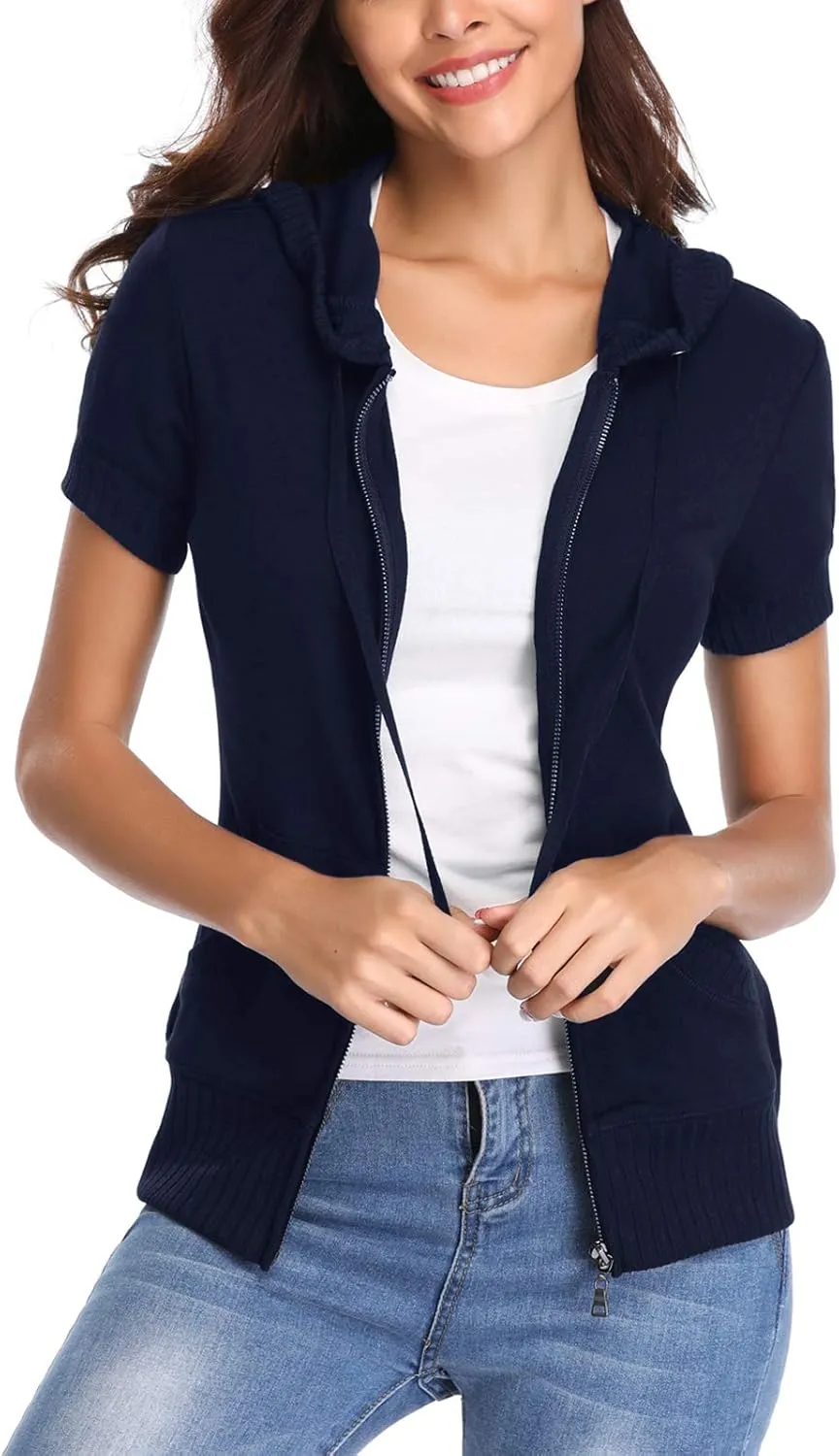 MISS MOLY Women Short Sleeves Hoodie Jacket Full Zip Up Lightweight Sweatshirt Casual