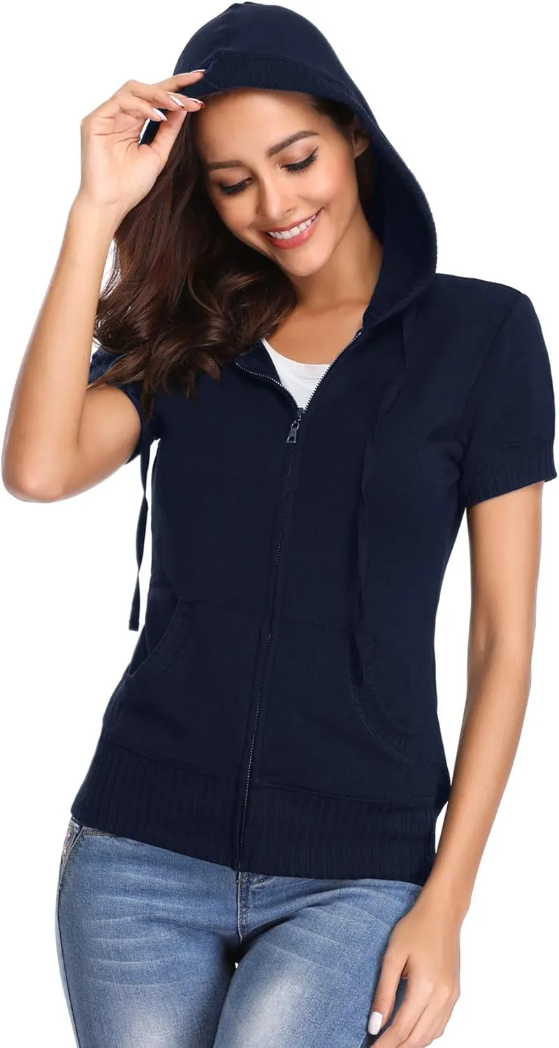 MISS MOLY Women Short Sleeves Hoodie Jacket Full Zip Up Lightweight Sweatshirt Casual