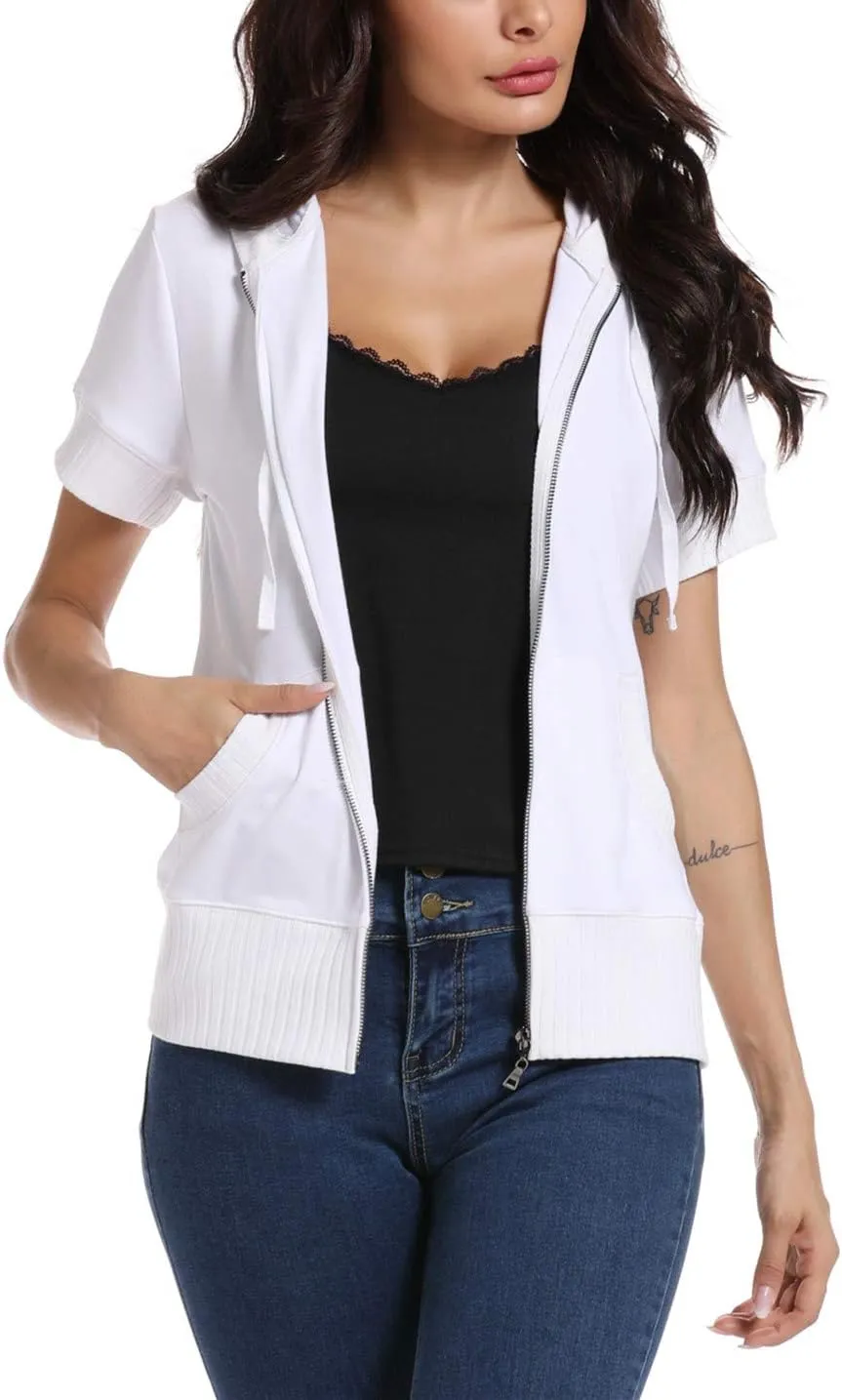 MISS MOLY Women Short Sleeves Hoodie Jacket Full Zip Up Lightweight Sweatshirt Casual