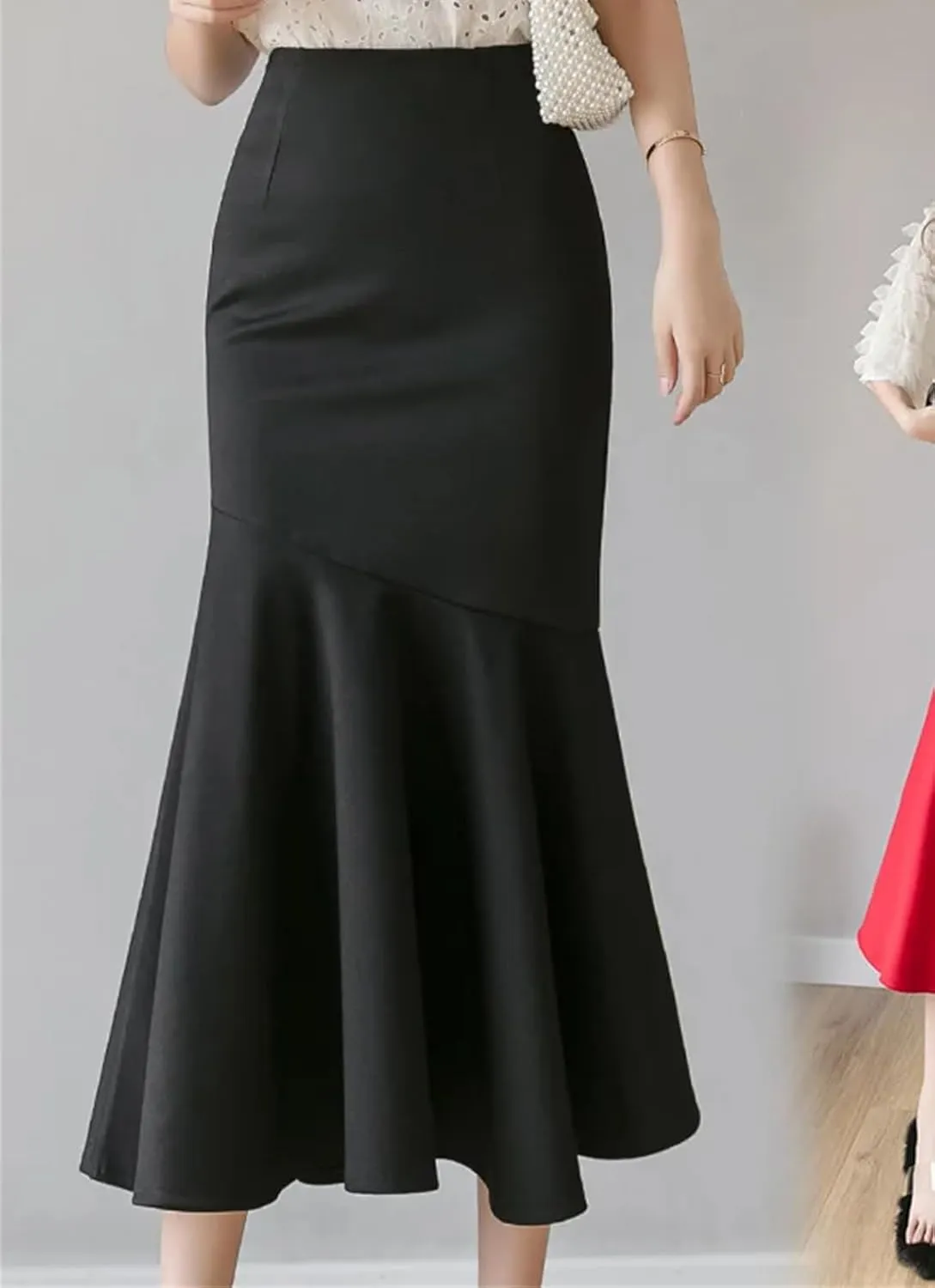Mkjuuior Women's Ruffles Solid Color Skirts Spring Summer High Waist Pencil Midi Skirts