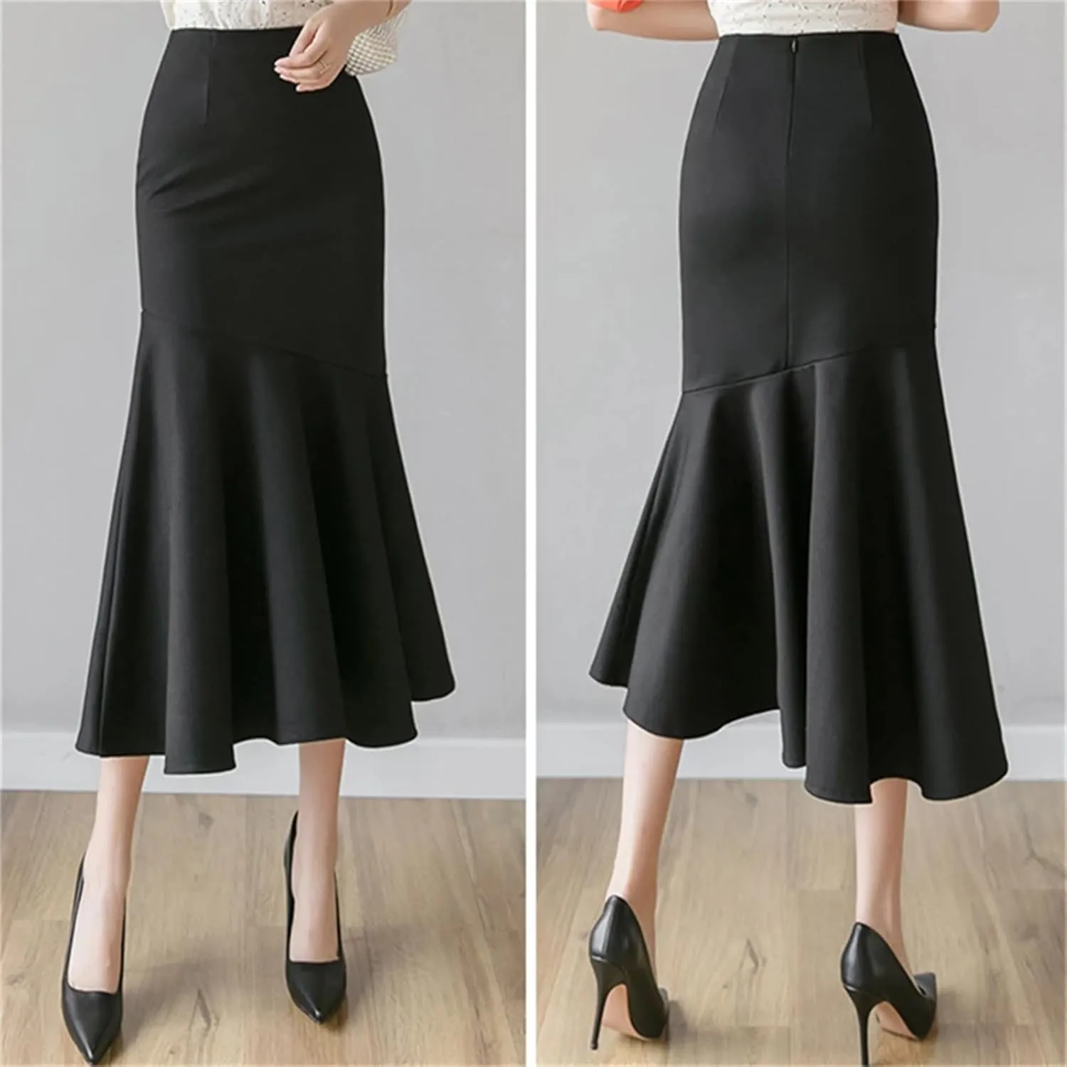 Mkjuuior Women's Ruffles Solid Color Skirts Spring Summer High Waist Pencil Midi Skirts