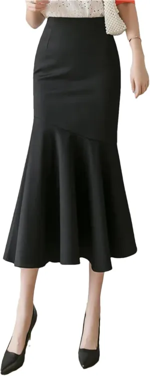 Mkjuuior Women's Ruffles Solid Color Skirts Spring Summer High Waist Pencil Midi Skirts