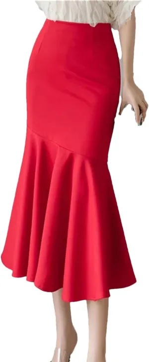 Mkjuuior Women's Ruffles Solid Color Skirts Spring Summer High Waist Pencil Midi Skirts
