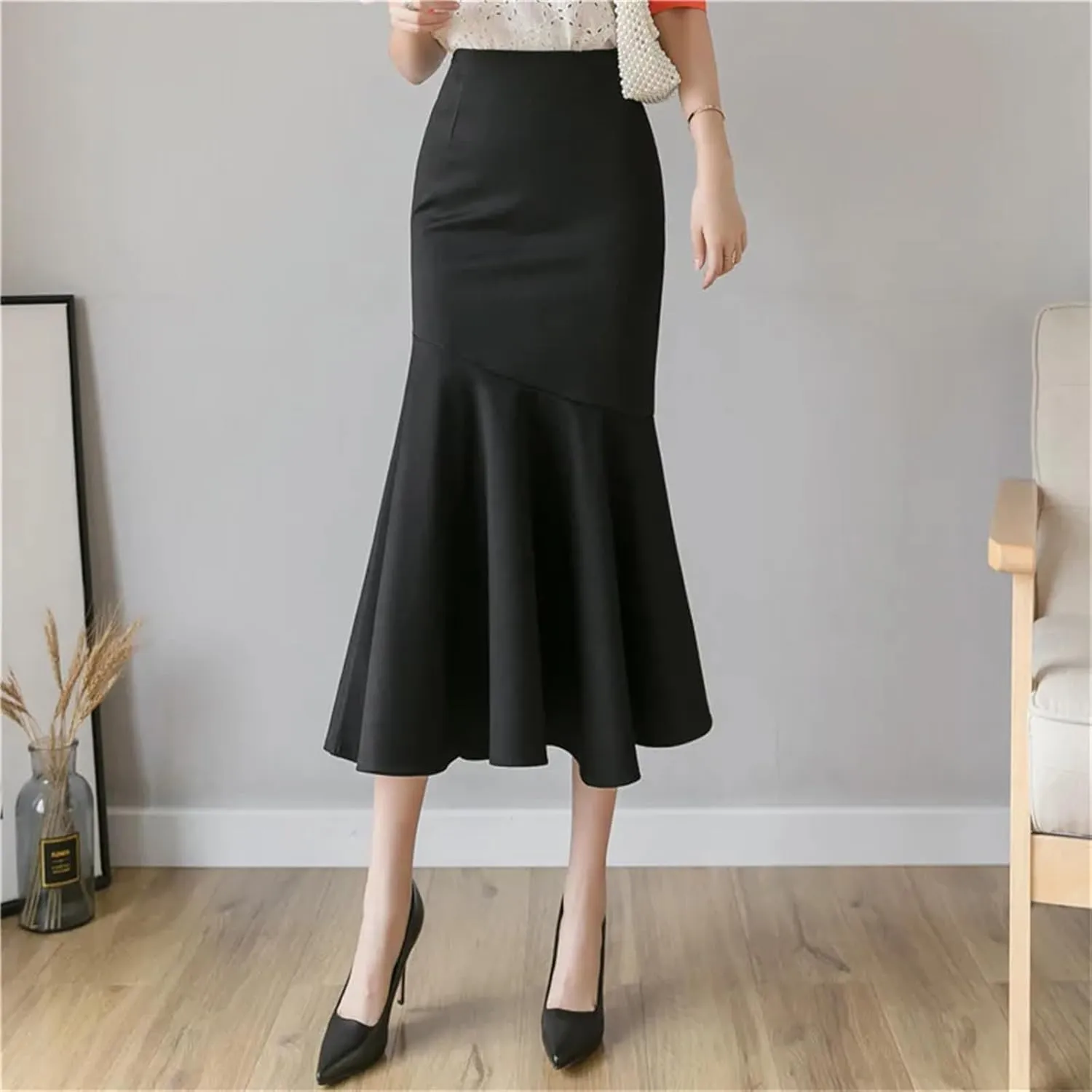 Mkjuuior Women's Ruffles Solid Color Skirts Spring Summer High Waist Pencil Midi Skirts