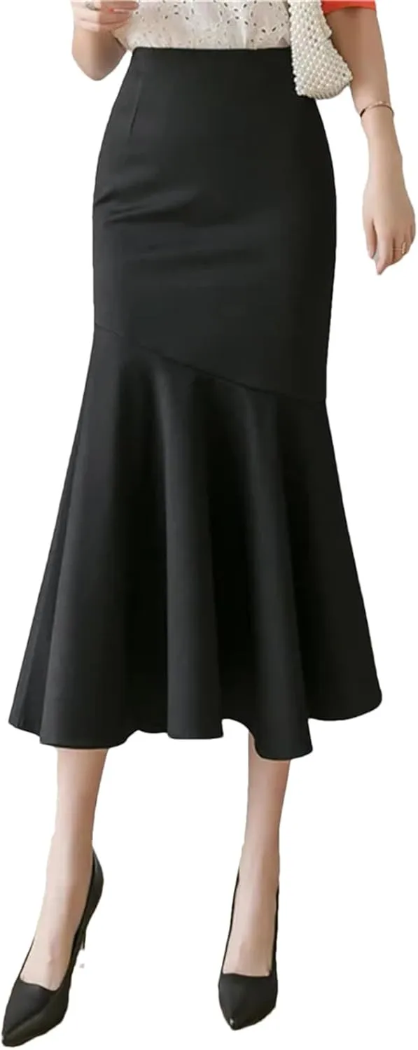 Mkjuuior Women's Ruffles Solid Color Skirts Spring Summer High Waist Pencil Midi Skirts