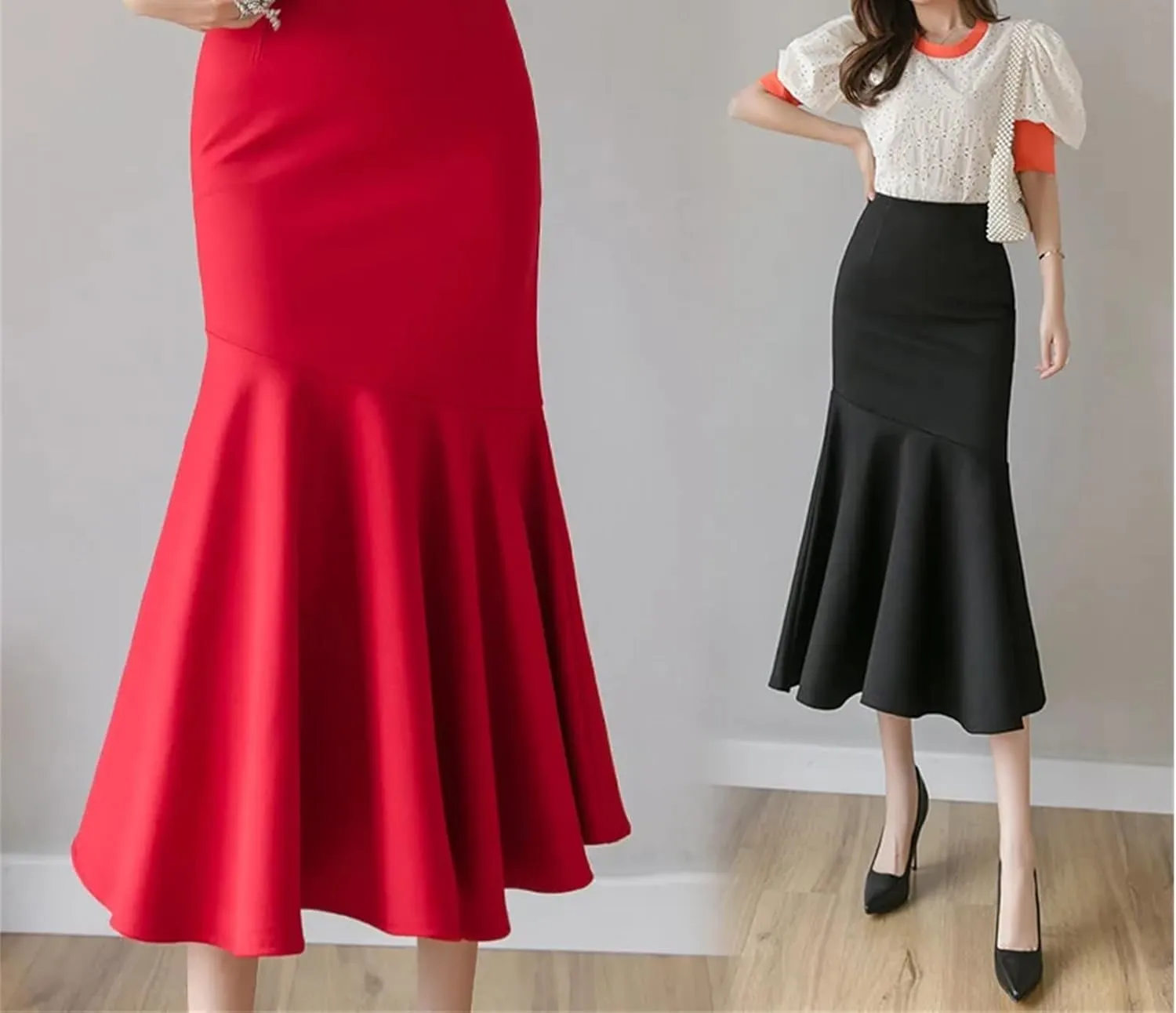 Mkjuuior Women's Ruffles Solid Color Skirts Spring Summer High Waist Pencil Midi Skirts