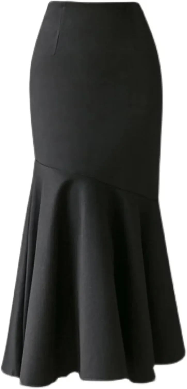 Mkjuuior Women's Ruffles Solid Color Skirts Spring Summer High Waist Pencil Midi Skirts