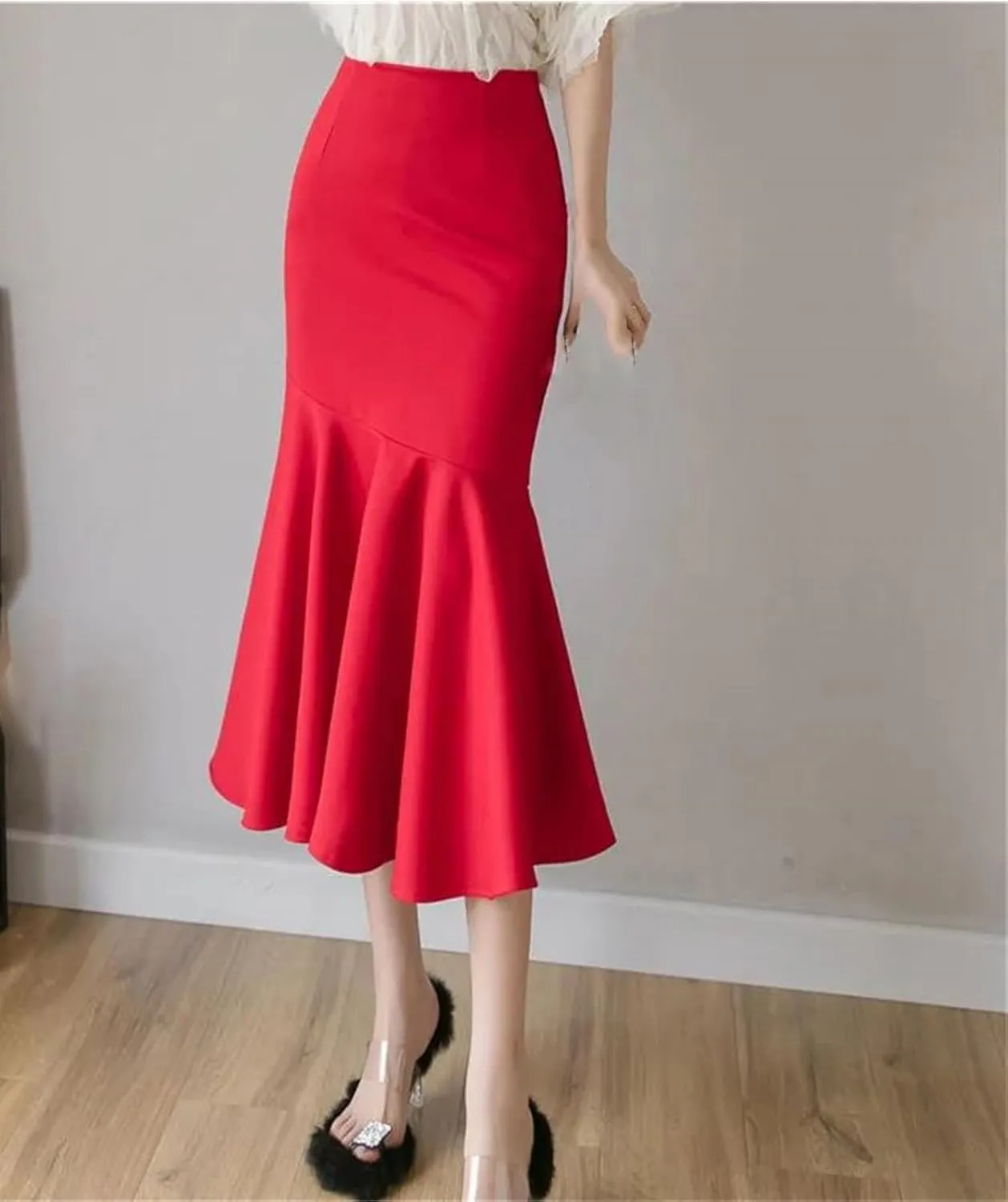 Mkjuuior Women's Ruffles Solid Color Skirts Spring Summer High Waist Pencil Midi Skirts