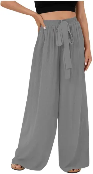 NATHGAM Cotton Linen Pants for Women Baggy Wide Leg Pants Casual Dressy Plus Size Trousers Summer High Waisted Tie Yoga Pants